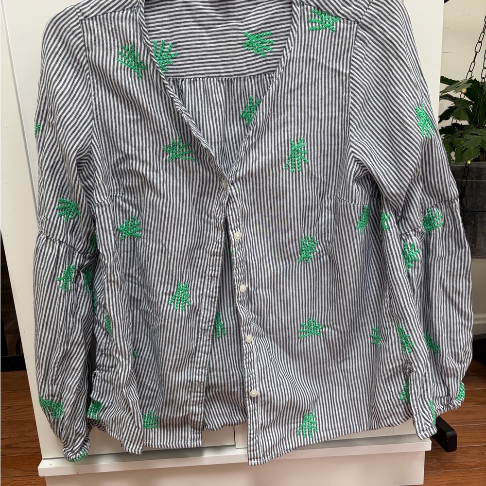 Crown & Ivy Black and White Striped Shirt with Green Embroidery